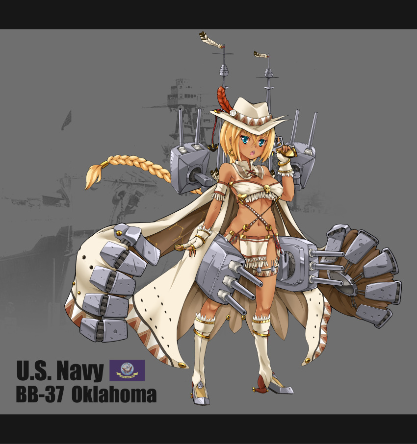 1girl, absurdres, blonde_hair, blue_eyes, braid, cape, character_name, cowboy_hat, english_text, female_focus, fingerless_gloves, gloves, gun, handgun, hat, highres, long_hair, native_american, official_art, oklahoma_(warship_girls_r), photo_background, pistol, single_braid, sirills, solo, traditional_clothes, uss_oklahoma, uss_oklahoma_(bb-37), very_long_hair, warship_girls_r, weapon, zhan_jian_shaonu