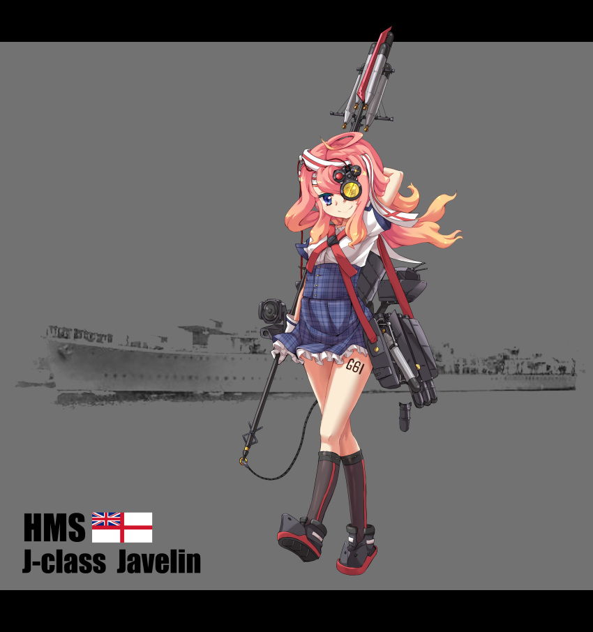 1girl, absurdres, blonde_hair, blue_eyes, character_name, english_text, female_focus, gradient_hair, highres, hms_javelin_(zhan_jian_shao_nyu), javelin_(spear), javelin_(warship_girls_r), letterboxed, multicolored_hair, official_art, photo_background, pleated_skirt, red_hair, royal_navy, sirills, skirt, smile, solo, warship_girls_r, zhan_jian_shaonu