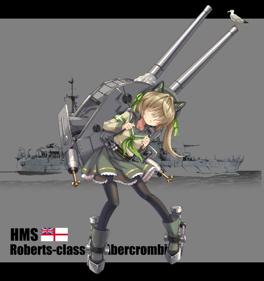 1girl, abercrombie_(warship_girls_r), absurdres, animal_ears, bird, blonde_hair, cat_ears, character_name, english_text, female_focus, hair_over_eyes, hat, highres, letterboxed, long_sleeves, official_art, pantyhose, photo_background, pleated_skirt, royal_navy, school_uniform, seagull, serafuku, side_ponytail, sirills, skirt, solo, warship_girls_r, zhan_jian_shaonu