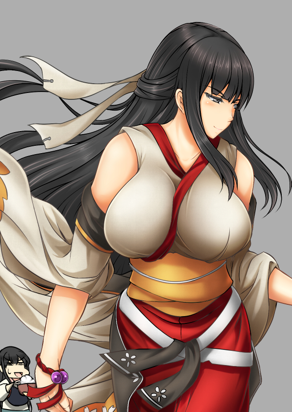 10s, 2girls, akagi_(kancolle), akagi_(warship_girls_r), black_hair, blunt_bangs, bol_(liliymimi), bowl, breasts, chopsticks, crossover, grey_hair, historical_name_connection, huge_breasts, japanese_clothes, kantai_collection, long_hair, multiple_girls, name_connection, rice, rice_bowl, warship_girls_r, zhan_jian_shaonu