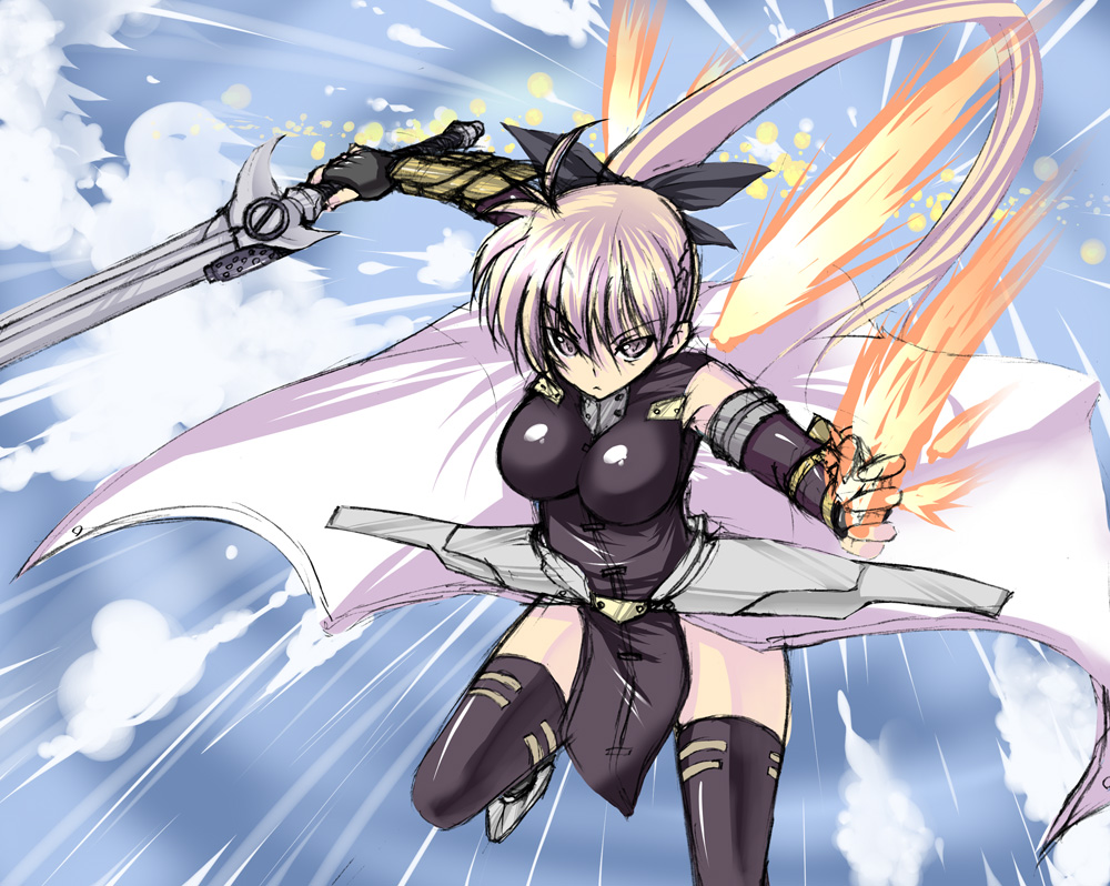00s, 1girl, agito_(fusion), element_bender, female_focus, fiery_wings, fire, laevatein_(nanoha)