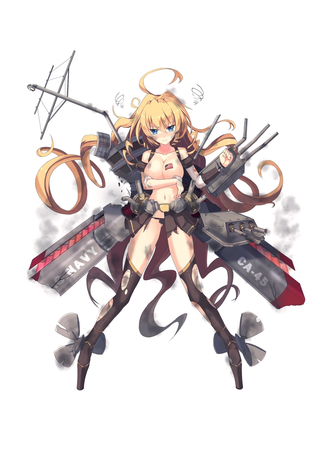 1girl, ahoge, american_flag, bikini, bikini_top_only, black_panties, blonde_hair, blue_eyes