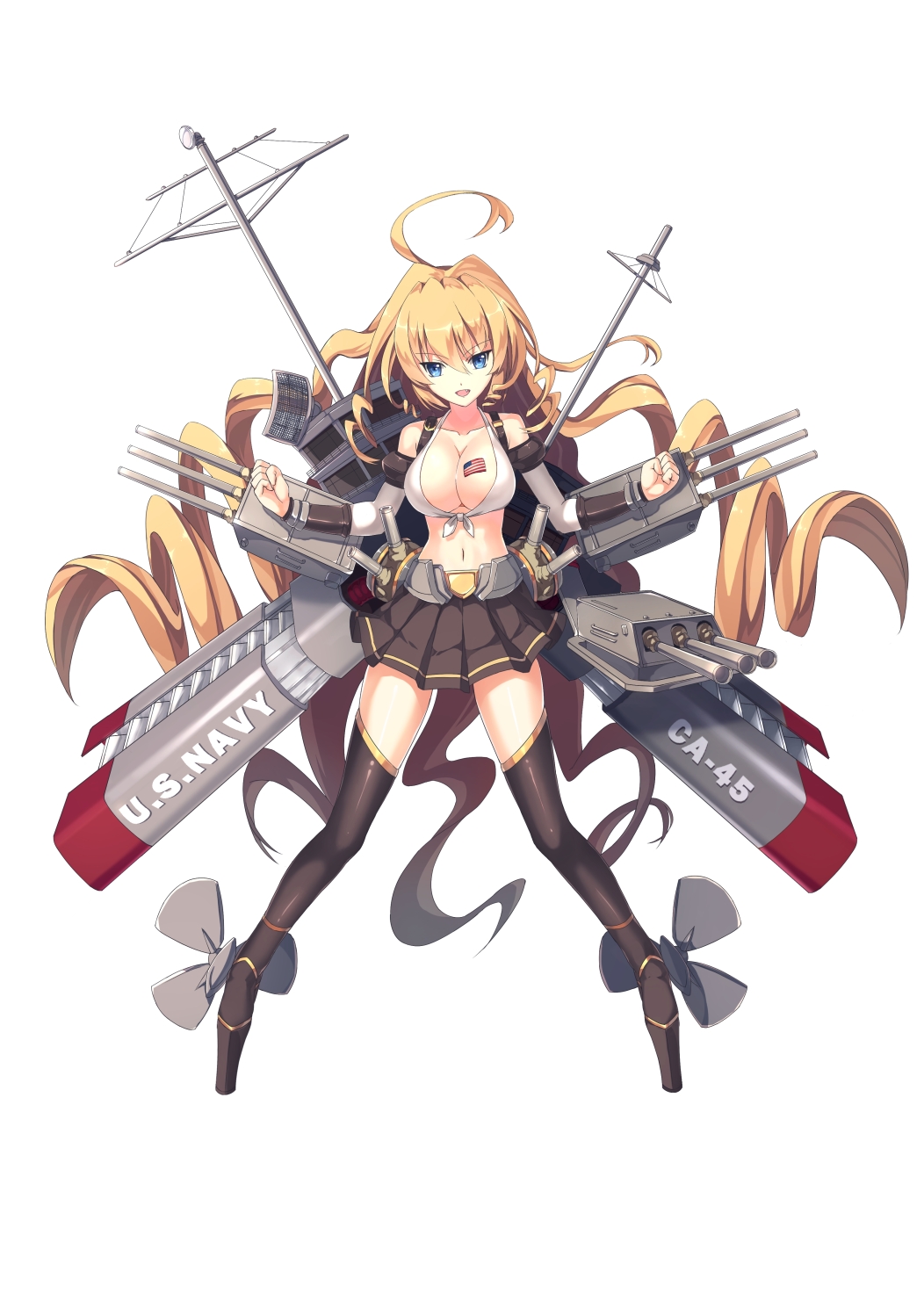 1girl, ahoge, american_flag, bikini, bikini_top_only, blonde_hair, blue_eyes, breasts