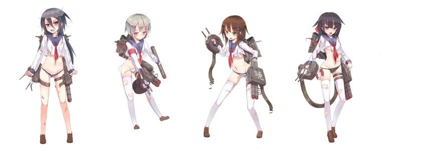 4girls, akatsuki_(warship_girls_r), akatsuki_(zhan_jian_shaonu), bikini, blue_eyes, bow, bow_panties, brown_hair, crossed_arms, hibiki_(warship_girls_r), hibiki_(zhan_jian_shaonu), ikazuchi_(warship_girls_r), ikazuchi_(zhan_jian_shaonu), inazuma_(warship_girls_r), inazuma_(zhan_jian_shaonu), long_hair, multiple_girls, no_pants, official_art, panties, purple_eyes, purple_hair, school_uniform, serafuku, short_hair, short_hair_with_long_locks, side-tie_bikini_bottom, stmast, striped_clothes, striped_panties, swimsuit, thighhighs, torn_clothes, torn_legwear, underwear, warship_girls_r, zhan_jian_shaonu