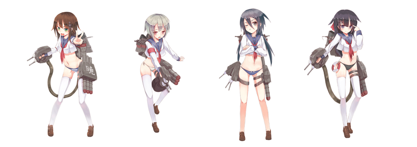 4girls, akatsuki_(warship_girls_r), akatsuki_(zhan_jian_shaonu), bikini, blue_eyes, bow, bow_panties, brown_footwear, brown_hair, crop_top, crossed_arms, hibiki_(warship_girls_r), hibiki_(zhan_jian_shaonu), ikazuchi_(warship_girls_r), ikazuchi_(zhan_jian_shaonu), inazuma_(warship_girls_r), inazuma_(zhan_jian_shaonu), loafers, long_hair, multiple_girls, no_pants, official_art, panties, purple_eyes, purple_hair, sailor_collar, school_uniform, serafuku, shoes, short_hair, short_hair_with_long_locks, side-tie_bikini_bottom, simple_background, standing, stmast, striped_clothes, striped_panties, swimsuit, thighhighs, underwear, v, warship_girls_r, white_background, white_legwear, zhan_jian_shaonu