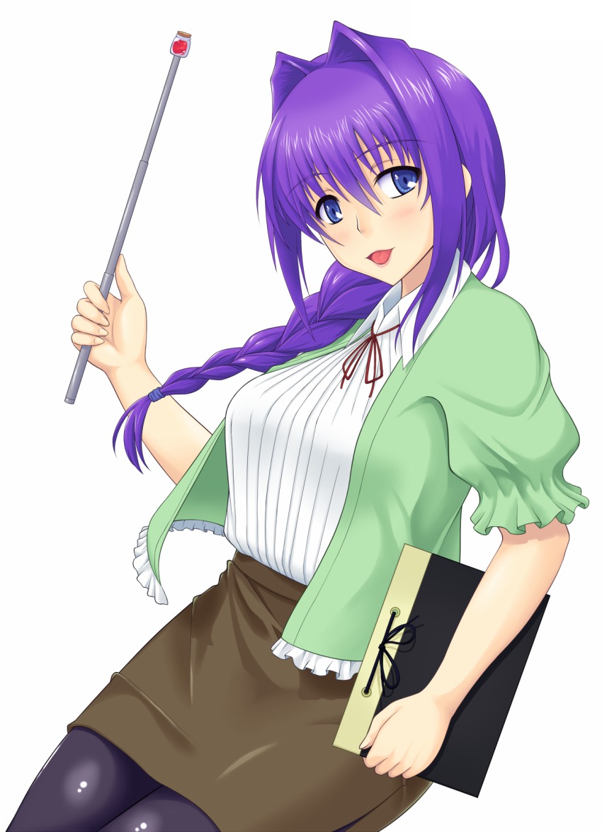 1girl, baton, baton_(weapon), blue_eyes, braid, expandable_baton, folder, hair_intakes