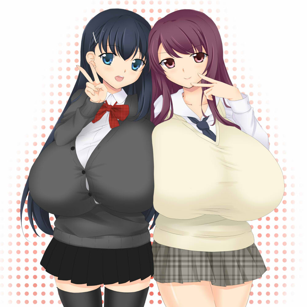 2girls, blue_eyes, blue_hair, blush, breast_press, breasts, female_focus, gigantic_breasts
