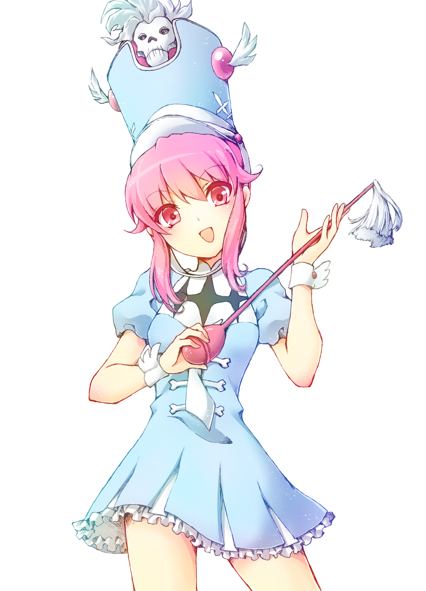 10s, 1girl, absurdres, bad_id, bad_pixiv_id, cowboy_shot, female_focus, frills, hat, highres, jakuzure_nonon, kill_la_kill, pink_eyes, pink_hair, sayuringo, shako_cap, skull, solo, white_background