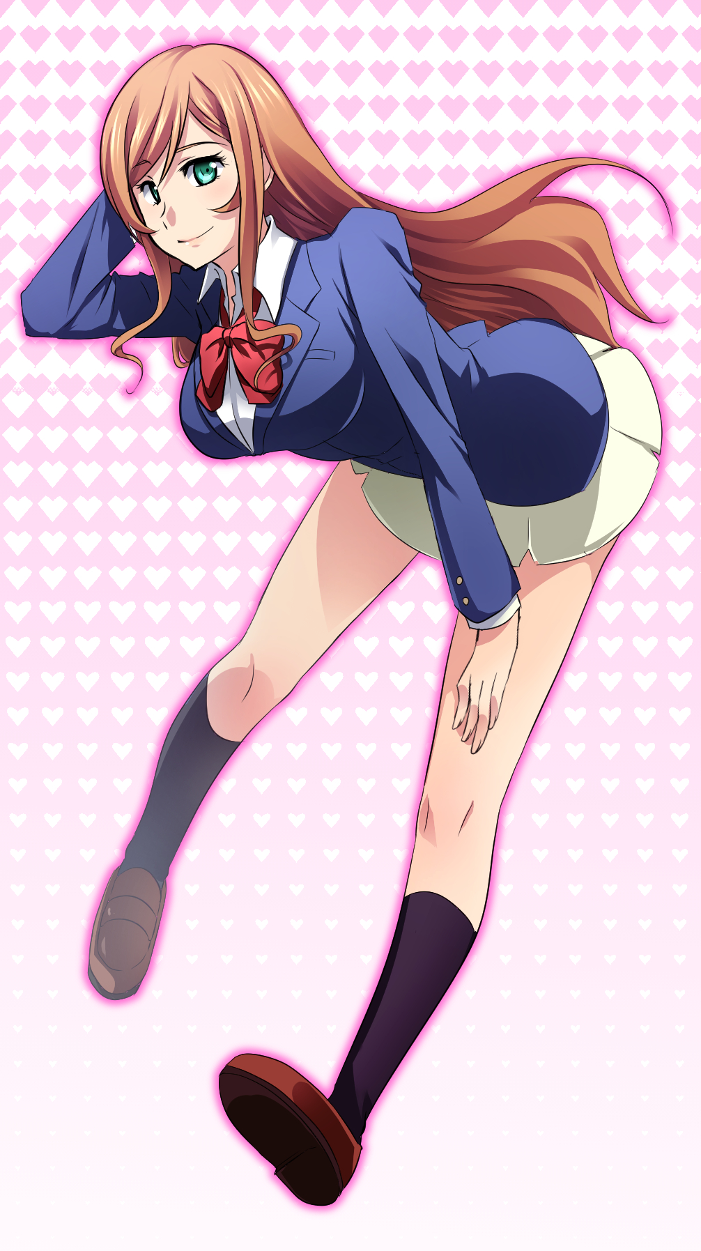 10s, 1girl, arm_behind_head, bow, breasts, brown_hair, female_focus, full_body, green_eyes, gundam, gundam_build_fighters, gundam_build_fighters_try, hand_on_own_thigh, hand_on_thigh, heart, heart_background, highres, kamiki_mirai, leaning_forward, lips, long_hair, long_sleeves, school_uniform, skirt, smile, socks, solo, yusei_yui