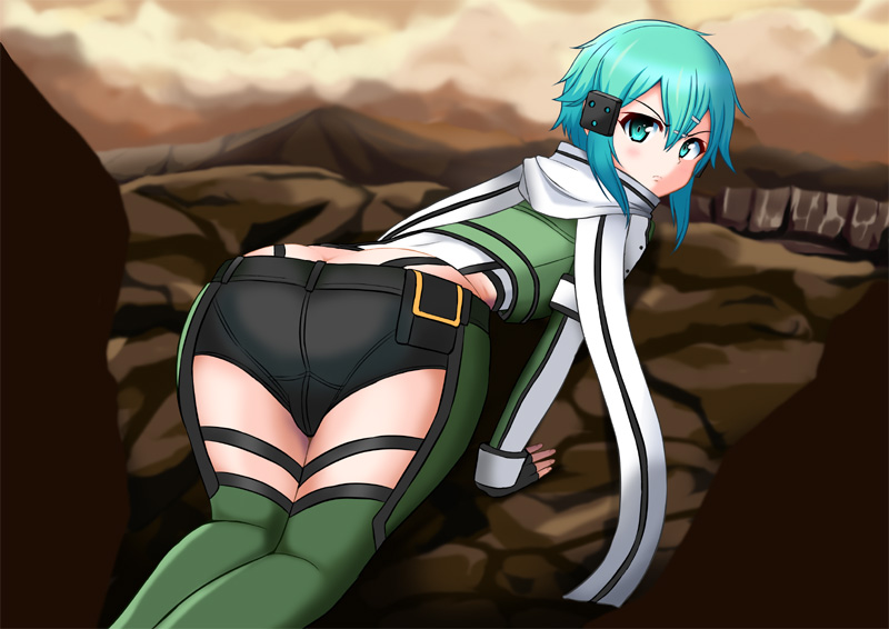 10s, 1girl, all_fours, aqua_eyes, aqua_hair, arm_up, ass, black_gloves, blush, butt_crack, chaps, female_focus, fingerless_gloves, from_behind, gloves, green_legwear, hair_ornament, hairclip, looking_at_viewer, natsuzakura_yuuki, scarf, short_hair, short_shorts, shorts, sinon, solo, sword_art_online