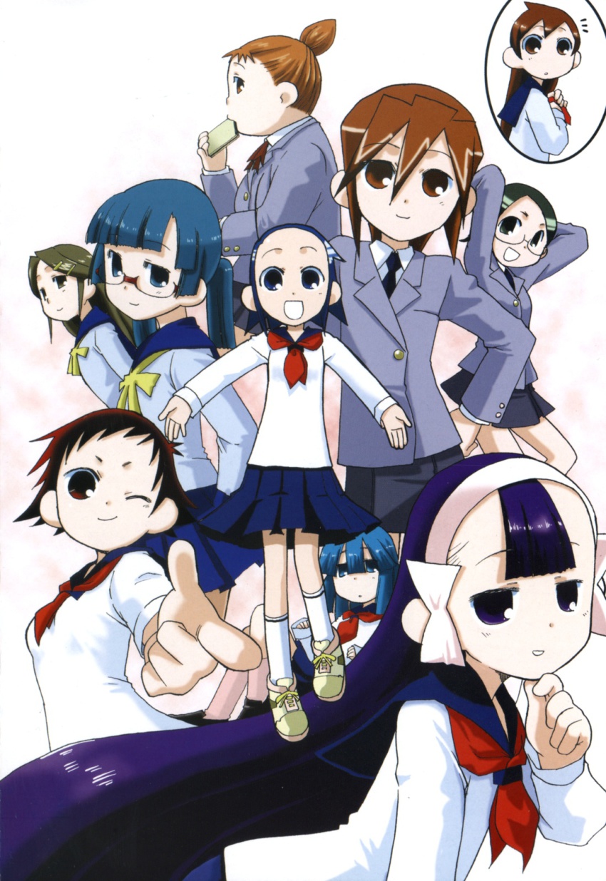 6+girls, annotated, blue_eyes, blue_hair, brown_eyes, brown_hair, eimyouji_ena, enishi_yukari_(kazoku_game)