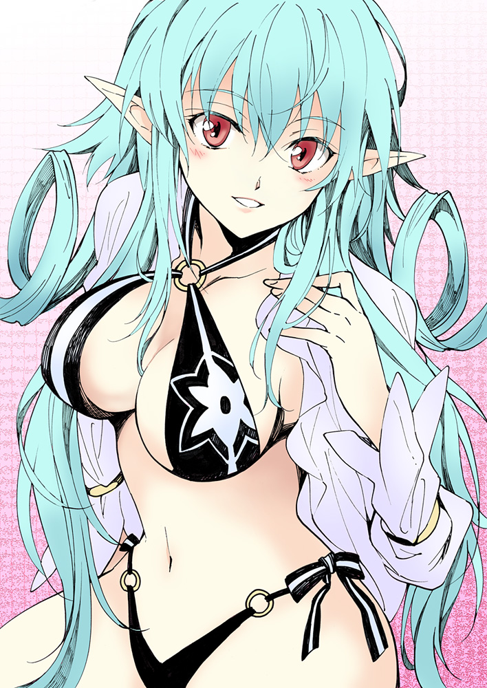 1girl, adelheit, adelhied, agahari, bikini, blue_hair, breasts, cleavage, grin, hair_rings, kinki_no_magna, large_breasts, long_hair, looking_at_viewer, navel, open_clothes, open_shirt, pointy_ears, red_eyes, shirt, smile, swimsuit, very_long_hair