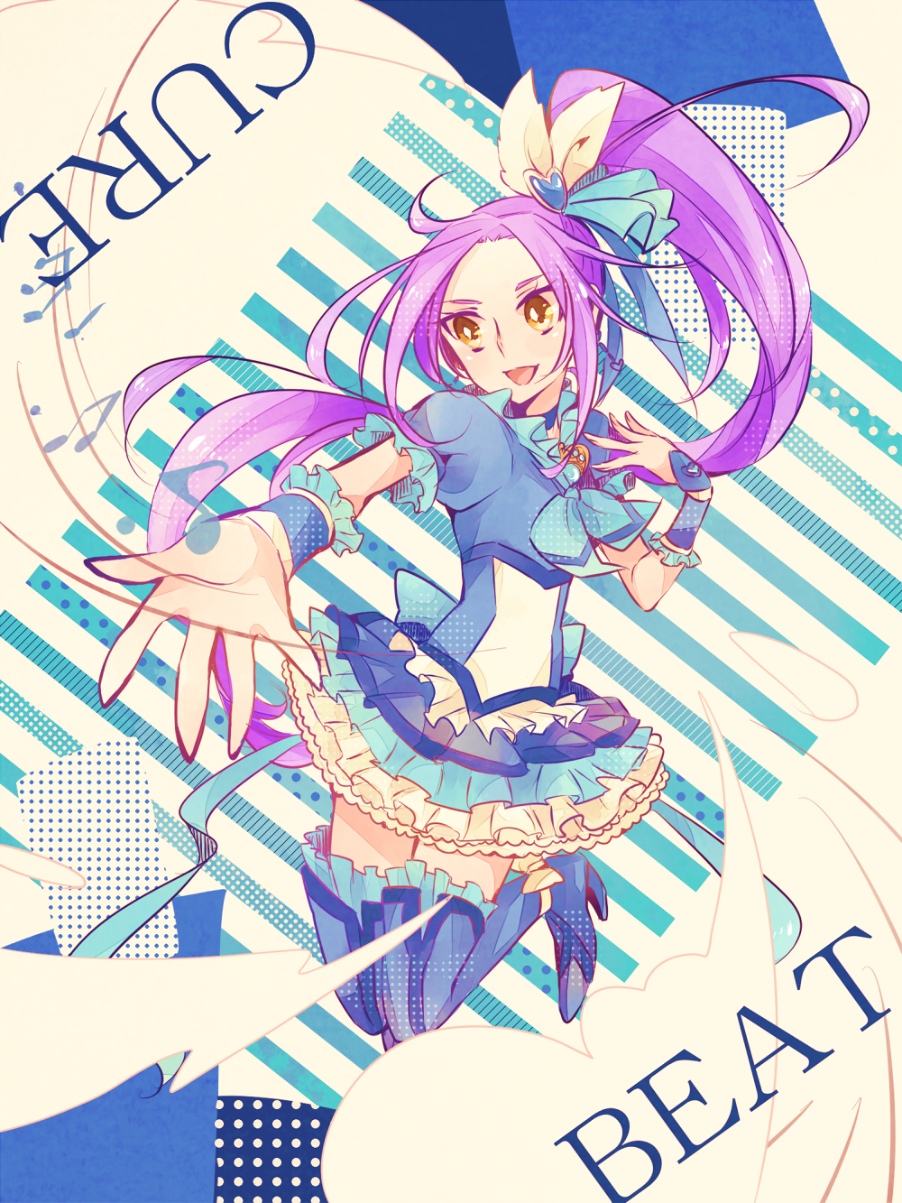 10s, 1girl, blue_dress, blue_thighhighs, boots, character_name, choker, cure_beat