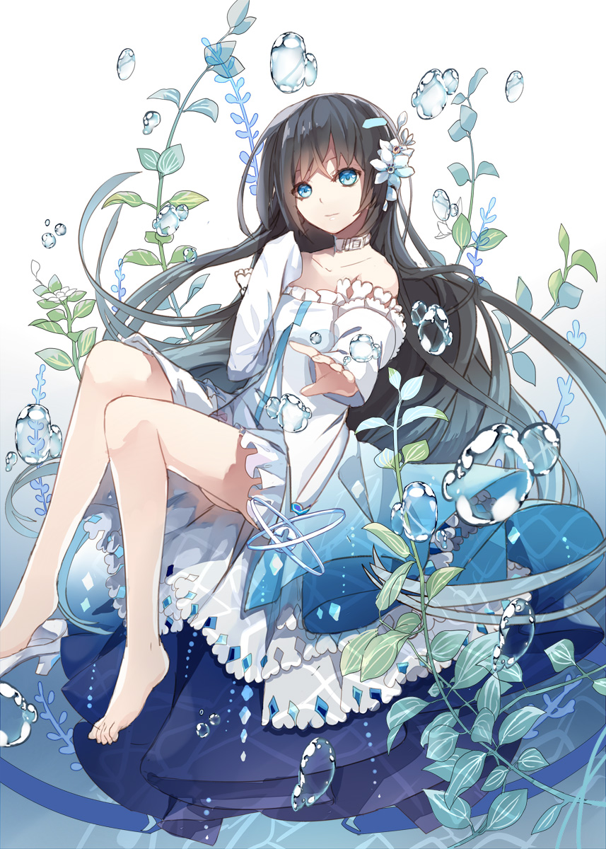 1girl, bare_shoulders, barefoot, black_hair, blue_eyes, bubble, dress, female_focus
