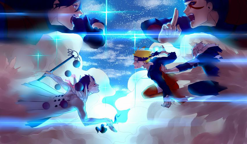 5boys, alternate_form, battle, facial_mark, hand_gesture, headband, highres, juubito, juudara, k_(chissaiossan), lens_flare, multiple_boys, naruto_(series), naruto_shippuuden, night, rasengan, senju_hashirama, senju_hashirama_(sennin_mode), senju_tobirama, sky, smoke, staff, uchiha_madara, uchiha_obito, uzumaki_naruto