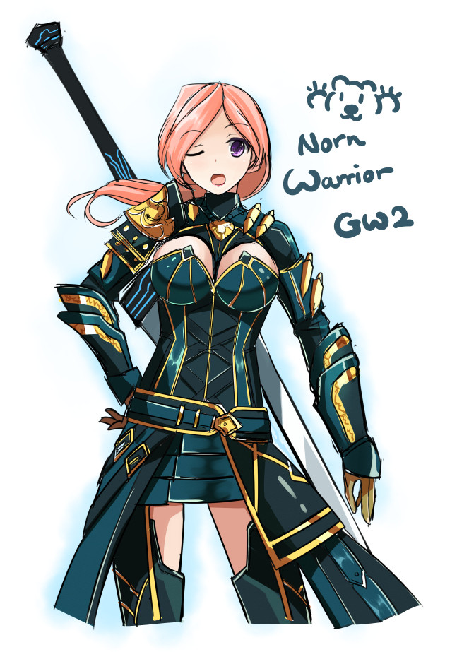 1girl, ;o, armor, belt, breasts, broadsword, cleavage, colorized