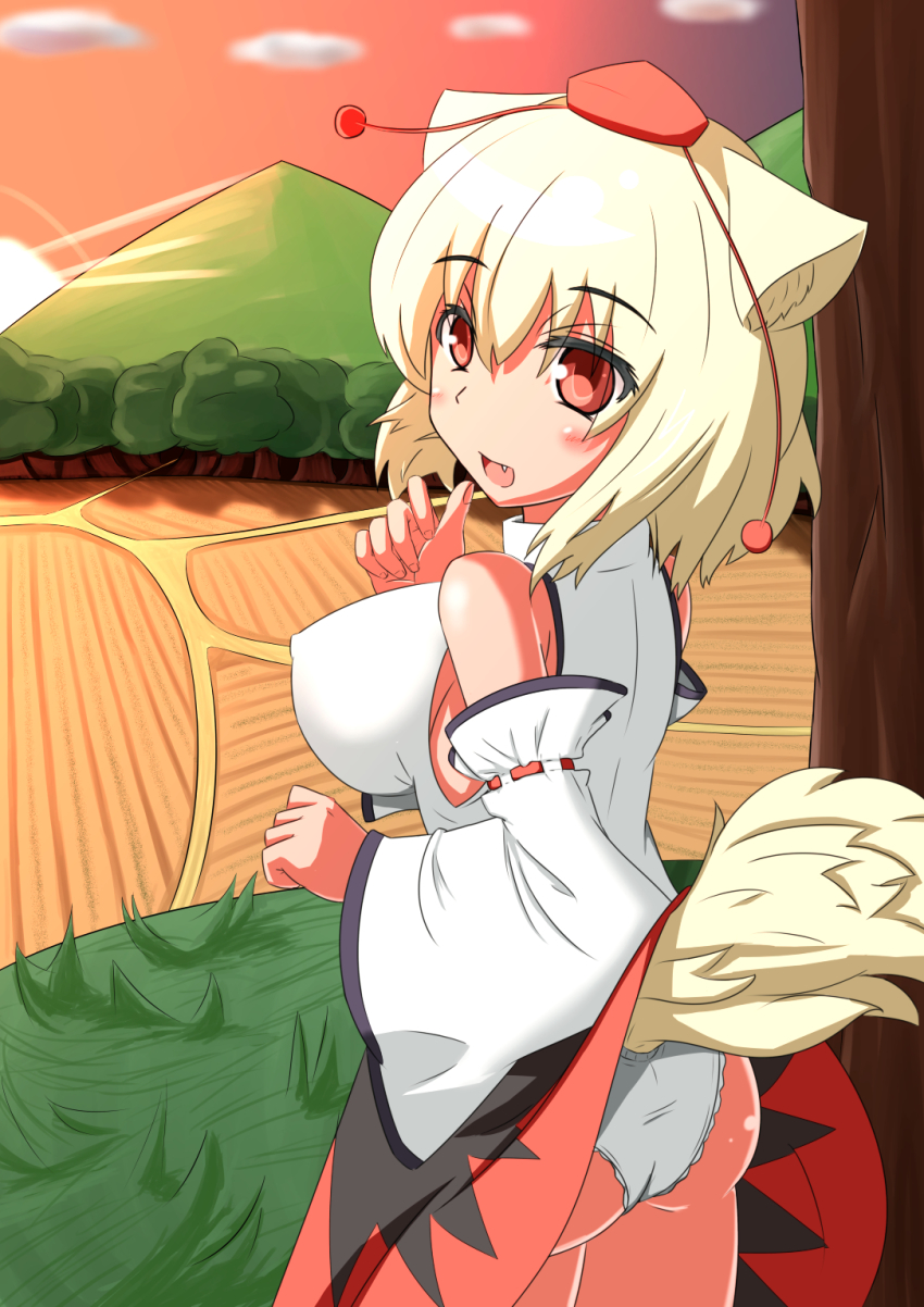 1girl, animal_ears, ass, bare_shoulders, blush, breasts, covered_erect_nipples, detached_sleeves, fang, female_focus, hat, highres, inubashiri_momiji, large_breasts, looking_at_viewer, looking_back, monchan, mountain, nature, open_mouth, panties, pantyshot, red_eyes, short_hair, silver_hair, smile, solo, sun, tail, tokin_hat, touhou, tree, underwear, white_panties, wolf_ears, wolf_tail