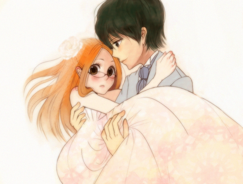 1boy, 1girl, aged_up, alternate_hairstyle, bare_shoulders, black_hair, blush, bride, brown_eyes, carrying, couple, dress, floating_hair, flower, from_side, fujiwara_hazuki, glasses, gown, hair_down, hair_flower, hair_ornament, hetero, holding, husband_and_wife, koyo_(koooyori), long_hair, ojamajo_doremi, orange_hair, princess_carry, rose, wedding_dress, white_background, white_dress, white_flower, white_rose, yada_masaru