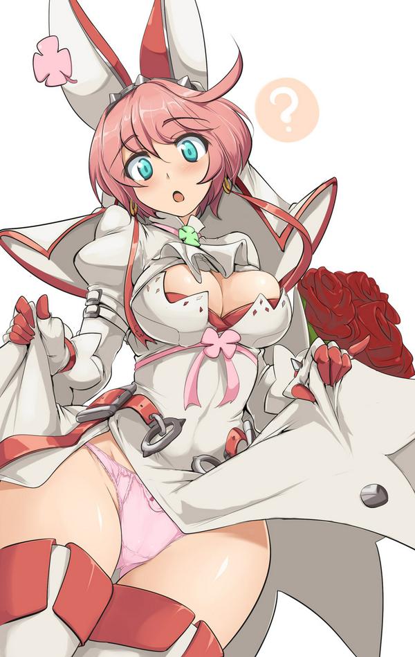 1girl, :o, ahoge, aqua_eyes, belt, blush, boots, breasts, cleavage, clothes_lift, clover, curvy, earrings, elphelt, elphelt_valentine, flower, four-leaf_clover, gluteal_fold, guilty_gear, guilty_gear_xrd, hair_between_eyes, image_sample, jewelry, jpeg_artifacts, large_breasts, looking_at_viewer, looking_down, momio, panties, pink_hair, rose, short_hair, skirt, skirt_lift, thigh_boots, thighhighs, thighs, underwear, upskirt, valentine, wide_hips