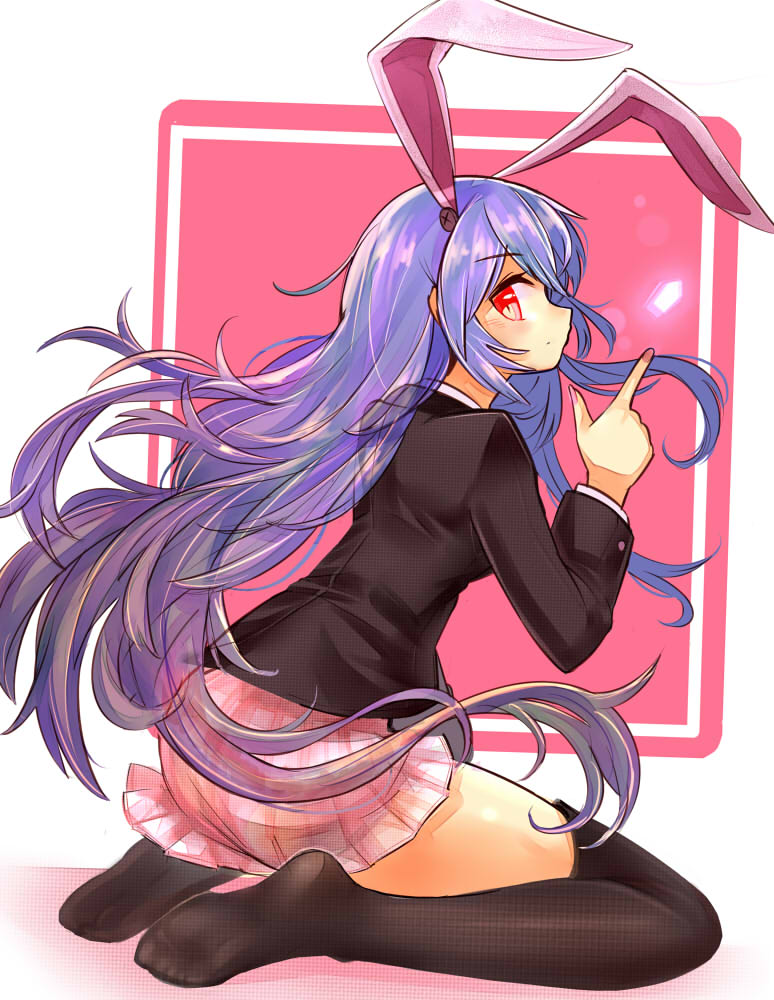 1girl, animal_ears, black_thighhighs, blazer, extra_ears, female_focus, finger_gun, jacket