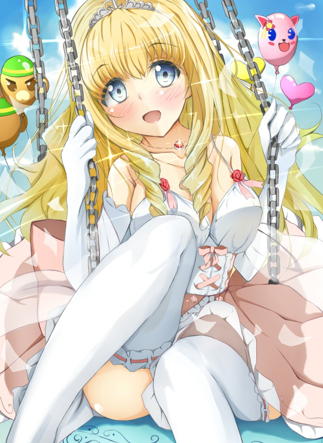 10s, 1girl, amagi_brilliant_park, balloon, blonde_hair, blue_eyes, blush, bonta-kun, breasts, chain, cleavage, corset, dress, drill_hair, elbow_gloves, female_focus, gloves, large_breasts, latifa_fleuranza, long_hair, matsurika_(j297021302), md5_mismatch, moffle, open_mouth, princess, smile, solo, thighhighs, tiara, tiramii, white_dress, white_gloves, white_thighhighs