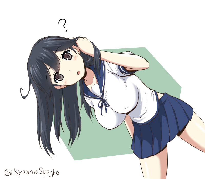 10s, 1girl, ?, bad_id, bad_pixiv_id, black_eyes, black_hair, blue_skirt