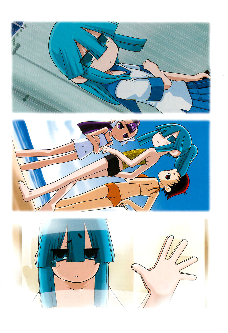 bikini, blue_eyes, blue_hair, enishi_yukari_(kazoku_game), hairband, highres, kazoku_game, long_hair, minase_shian, miyama_akane, purple_eyes, purple_hair, red_eyes, red_hair, school_uniform, serafuku, short_hair, suzushiro_seri, swimsuit, tears