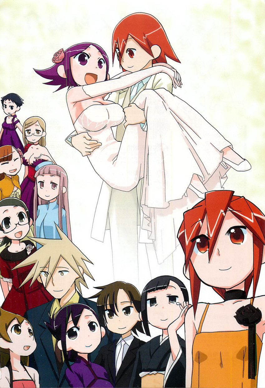 3boys, 6+girls, absurdres, bare_shoulders, brown_eyes, brown_hair, carrying, date_mizuki