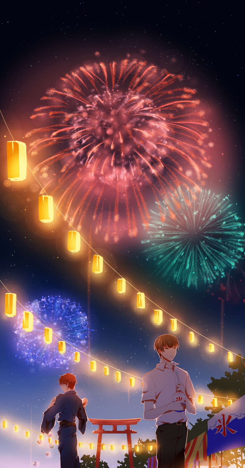 10s, 2boys, absurdres, aerial_fireworks, brown_hair, far_eastern_funion, fireworks, food