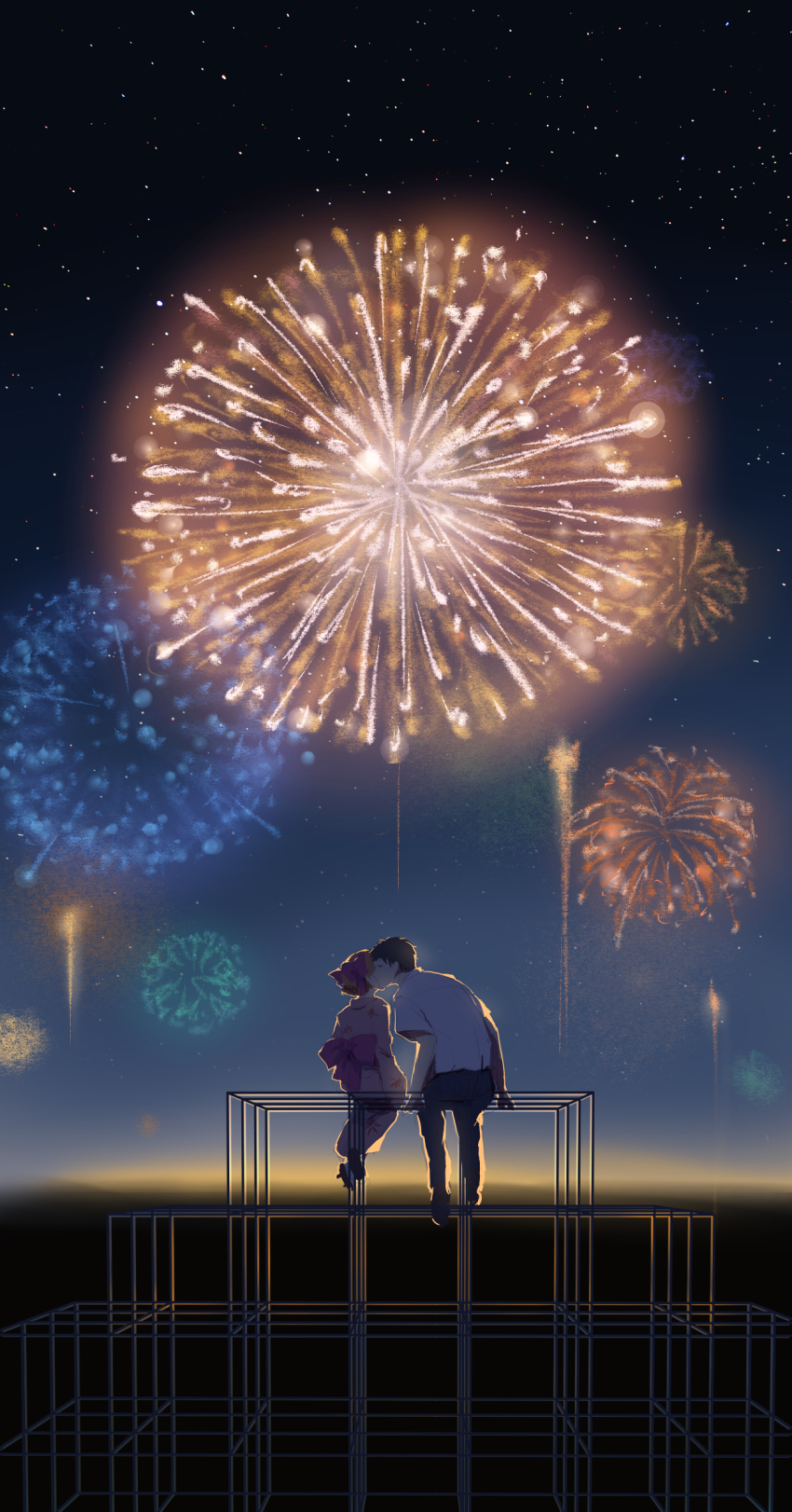 10s, 1boy, 1girl, absurdres, aerial_fireworks, black_hair, bow, couple