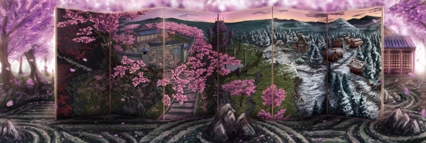 absurdres, architecture, cherry_blossoms, cloud, dusk, east_asian_architecture, forest, gap_(touhou)