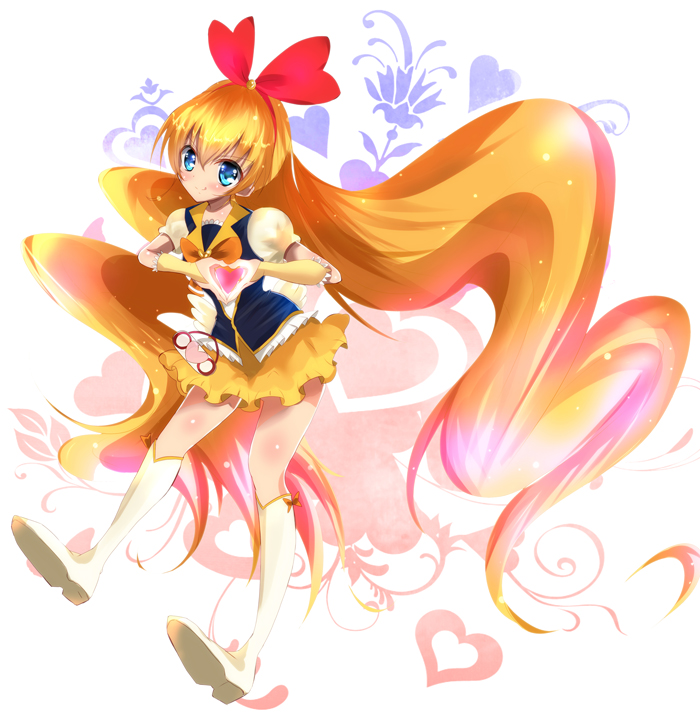 1girl, blonde_hair, blue_eyes, blush, boots, brooch, cosplay, crossover