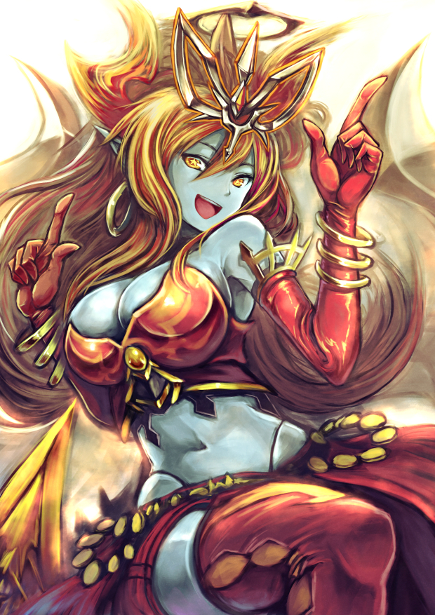 1girl, :d, argyle_clothes, argyle_thighhighs, bangle, black_panties, blue_skin, bracelet