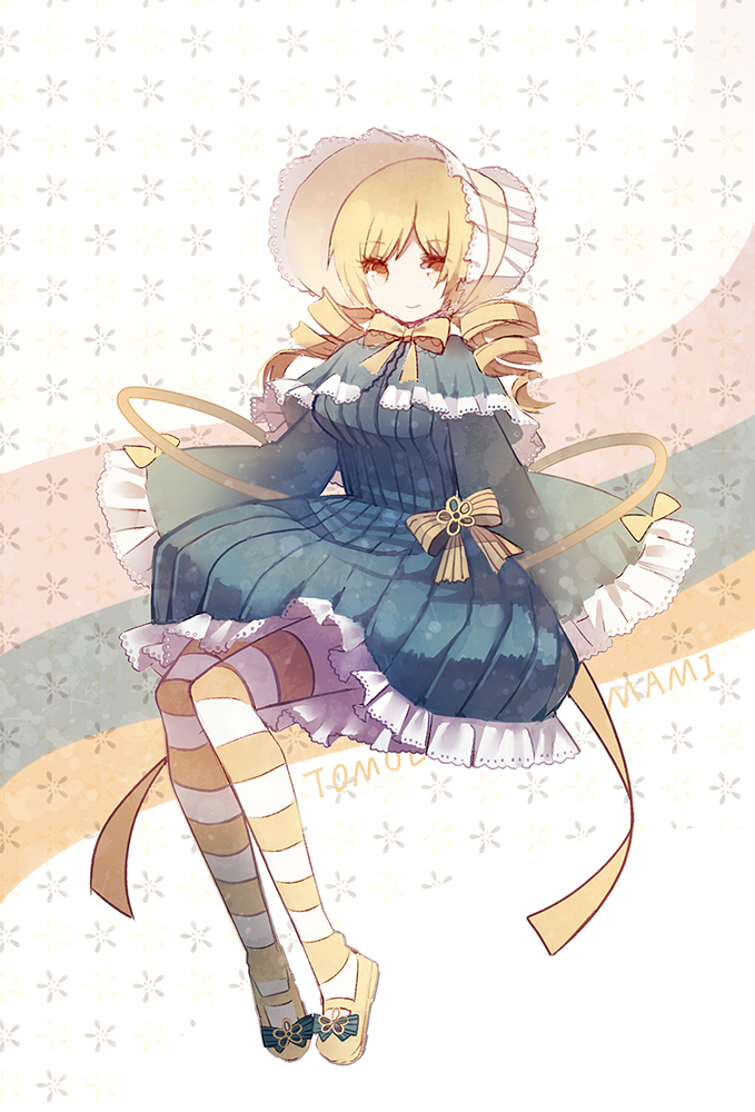 1girl, accurate_lolita_coord, blonde_hair, bonnet, bow, breasts, bubble_skirt, candeloro, candeloro_(cosplay), capelet, cosplay, cuivre, dress, drill_hair, female_focus, gothic_lolita, large_breasts, lolita_fashion, long_sleeves, mahou_shoujo_madoka_magica, mahou_shoujo_madoka_magica_(anime), patterned_legwear, ribbon, shoes, skirt, sleeves_past_wrists, solo, striped_clothes, striped_thighhighs, thighhighs, tomoe_mami, two_tone_stripes, yellow_eyes, yellow_shoes