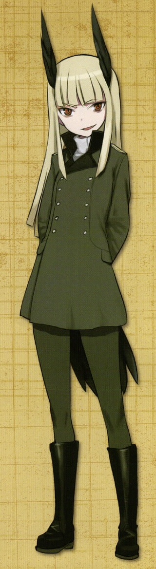 1girl, arms_behind_back, bags_under_eyes, bird_tail, black_boots, blonde_hair, boots, buttons