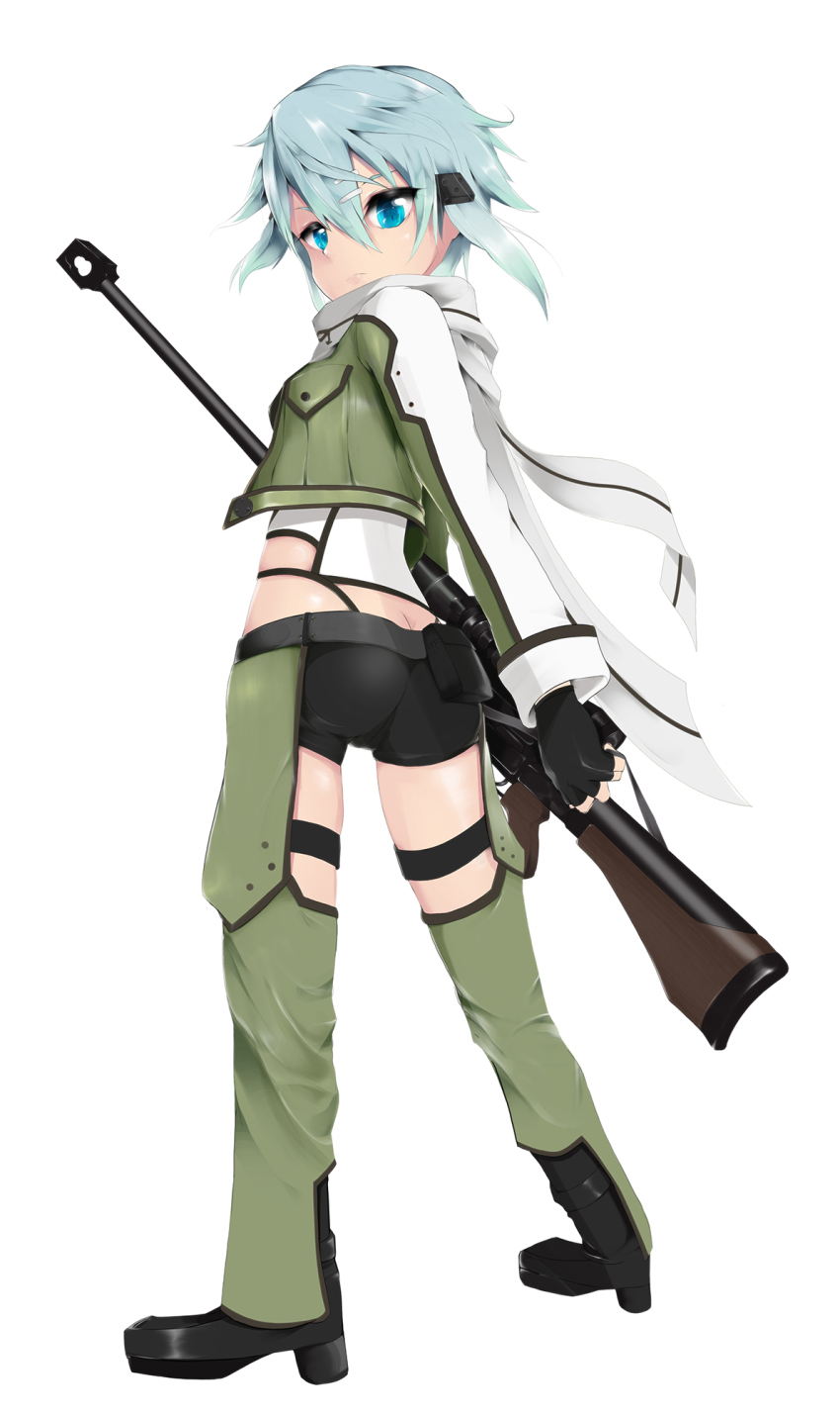 10s, 1girl, anti-materiel_rifle, ass, blue_eyes, blue_hair, bolt_action, butt_crack