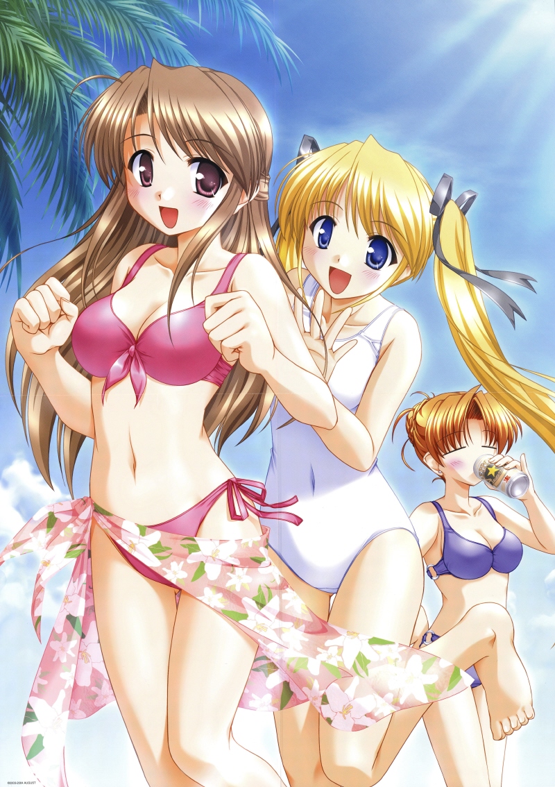 00s, 3girls, barefoot, bekkankou, bikini, blonde_hair, blue_eyes, blush