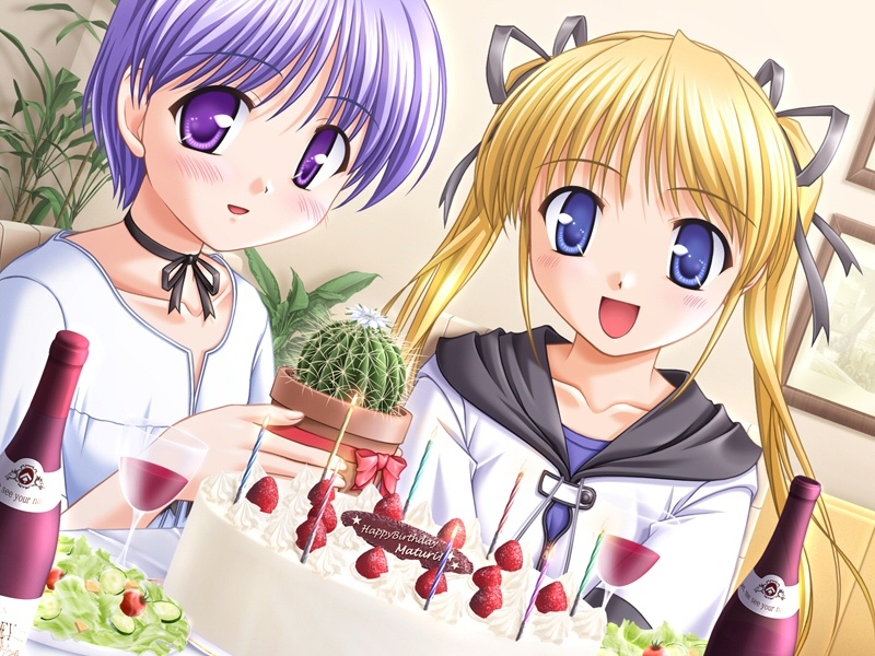 00s, 2girls, alcohol, bekkankou, birthday, blonde_hair, blue_eyes, blush