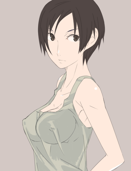1girl, breasts, cleavage, covered_erect_nipples, female_focus, ghost-q, short_hair, simple_background