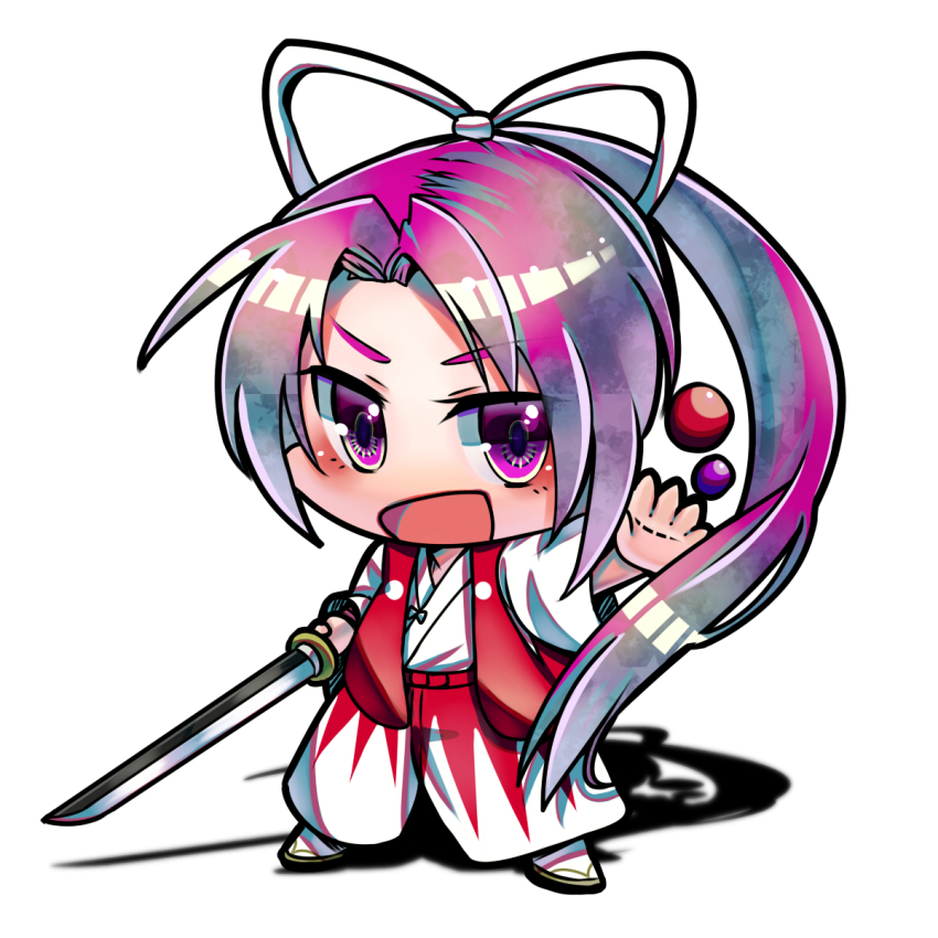 1girl, chibi, female_focus, highres, japanese_clothes, katana, long_hair, meira_(touhou), nanai07, open_mouth, ponytail, purple_eyes, purple_hair, simple_background, smile, solo, sword, touhou, touhou_(pc-98), weapon, white_background
