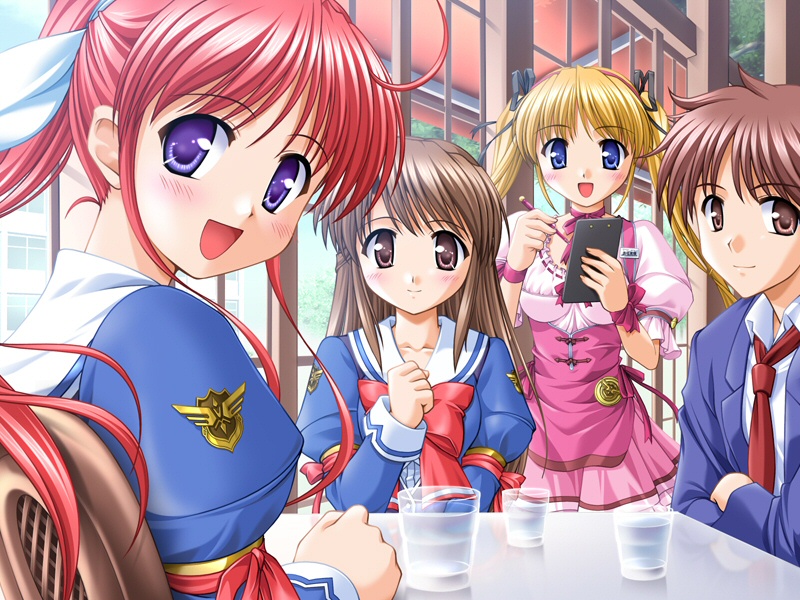 00s, 1boy, 3girls, amagasaki_mikoto, bekkankou, blonde_hair, blue_eyes, blush, brown_hair, clipboard, fujieda_honami, game_cg, hair_ribbon, hanihani, hirose_kouji, long_hair, multiple_girls, necktie, pen, pink_eyes, ponytail, purple_eyes, red_hair, ribbon, school_uniform, serafuku, shibugaki_matsuri, sitting, smile, table, tsuki_wa_higashi_ni_hi_wa_nishi_ni, twintails, waitress