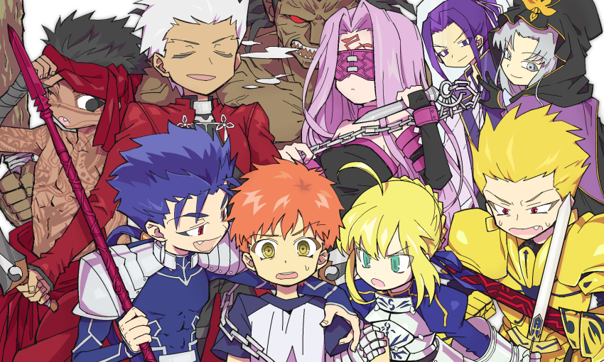 3girls, 6+boys, ahoge, angra_mainyu_(fate), archer_(fate), artoria_pendragon_(fate), cu_chulainn_(fate), cu_chulainn_(fate/stay_night), cu_chulainn_(lancer)_(fate), ea_(fate), emiya_shirou, excalibur_(fate/stay_night), fate/hollow_ataraxia, fate/stay_night, fate_(series), gae_bolg_(fate), gilgamesh_(fate), hair_slicked_back, heracles_(fate), highres, medea_(caster)_(fate), medea_(fate), medusa_(fate), medusa_(rider)_(fate), multiple_boys, multiple_girls, saber_(fate), sasaki_kojirou_(fate), sujin