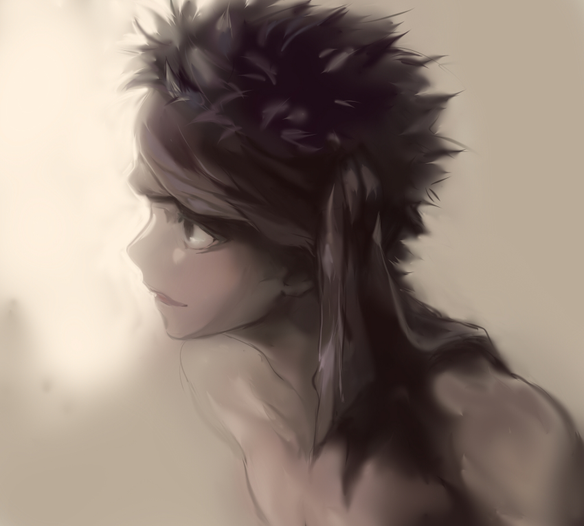 1boy, angra_mainyu_(fate), bandana, black_hair, brown_theme, fate/hollow_ataraxia, fate_(series), highres, male_focus, sepia, solo, sujin