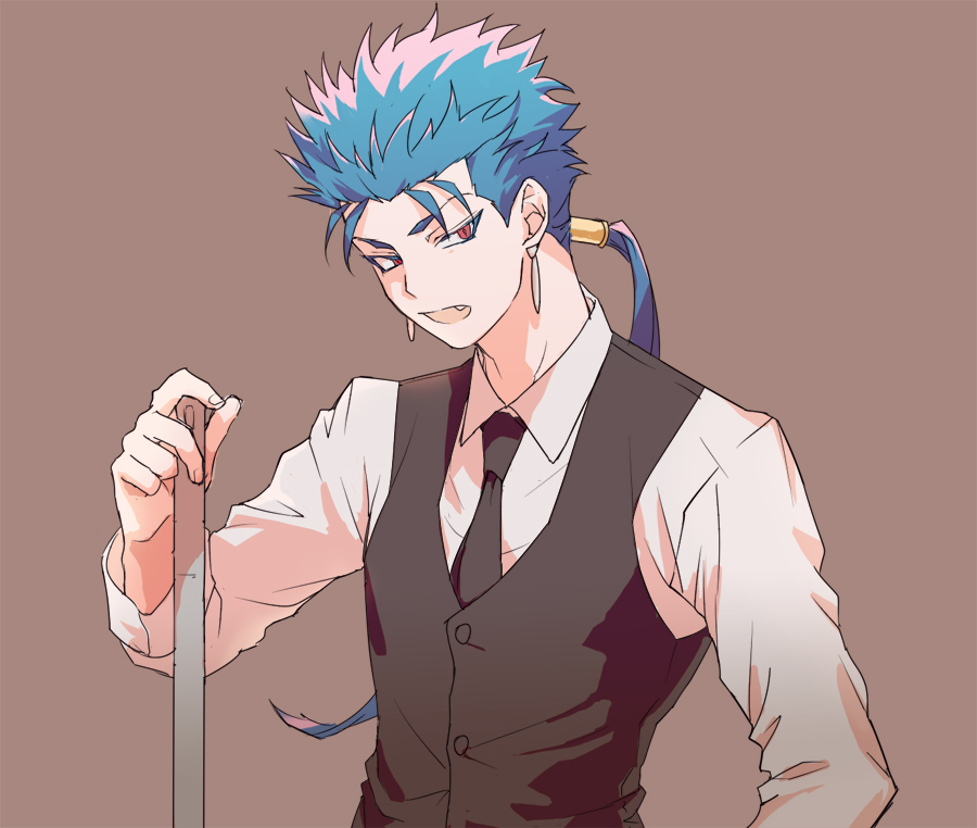 1boy, blue_hair, cu_chulainn_(fate), cu_chulainn_(garcon)_(fate), cu_chulainn_(lancer)_(fate), earrings, fang, fate/hollow_ataraxia