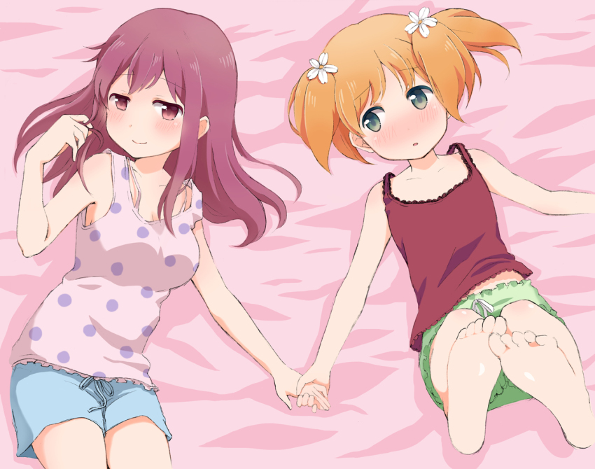 2girls, bad_id, bad_pixiv_id, barefoot, bed_sheet, blonde_hair, blush, breasts