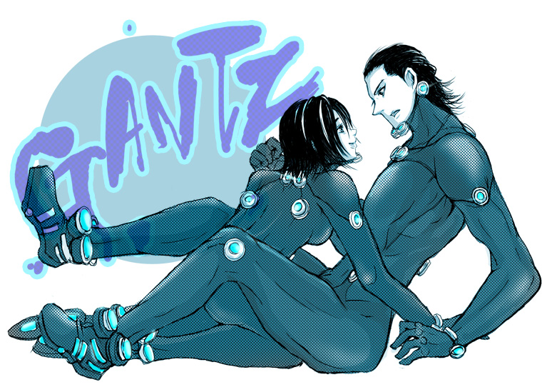 00s, 1boy, 1girl, bodysuit, breasts, couple, gantz, gantz_suit