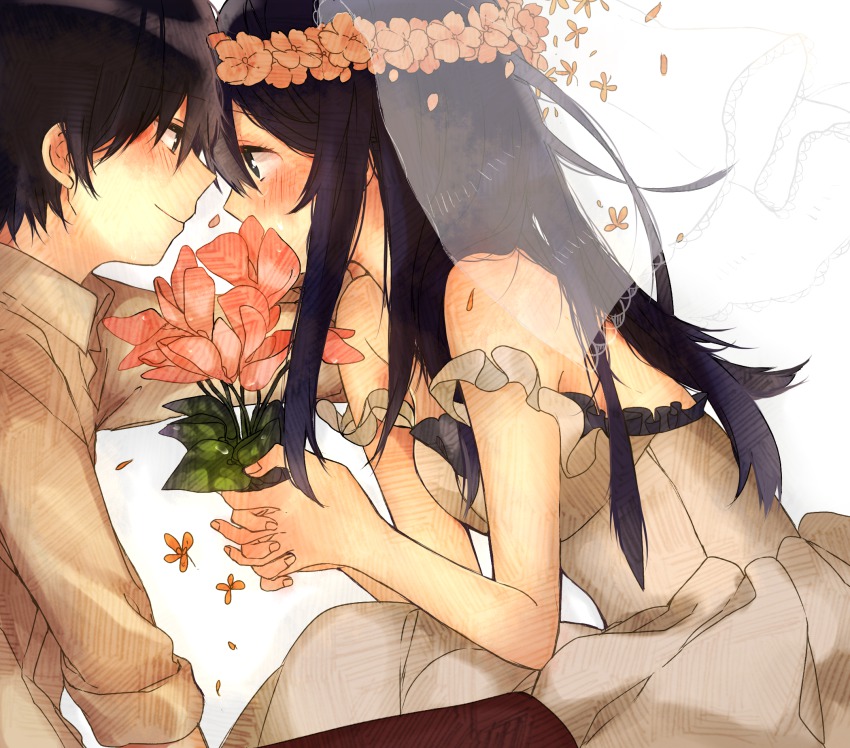 1boy, 1girl, bad_id, bad_pixiv_id, bare_shoulders, black_hair, blush, bridal_veil