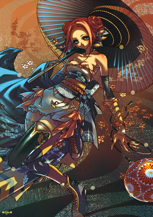 0effe0, 1girl, arm_warmers, blue_eyes, boots, colorful, double_bun, female_focus