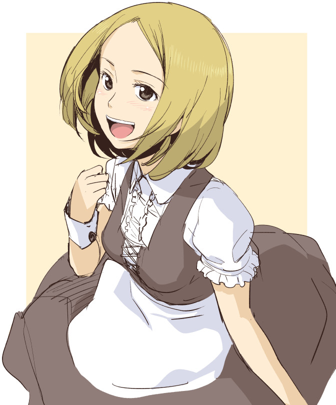 10s, 1boy, blonde_hair, blush, crossdressing, crossdressing_(mtf), dress, male_focus, ojisan_to_marshmallow, open_mouth, otoi_rekomaru, smile, solo, trap, wakabayashi_isamu, wrist_cuffs