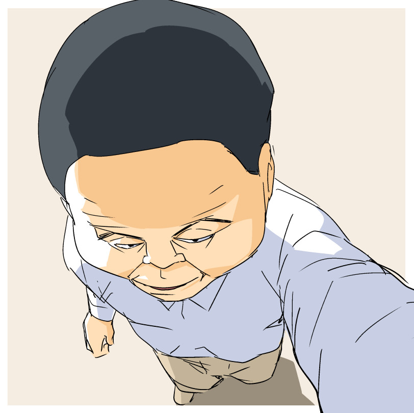 10s, 1boy, black_hair, dress_shirt, from_above, kachou_(ojimashu), male_focus, ojisan_to_marshmallow, otoi_rekomaru, pants, reaching, reaching_towards_viewer, selfie, shirt, smile, solo